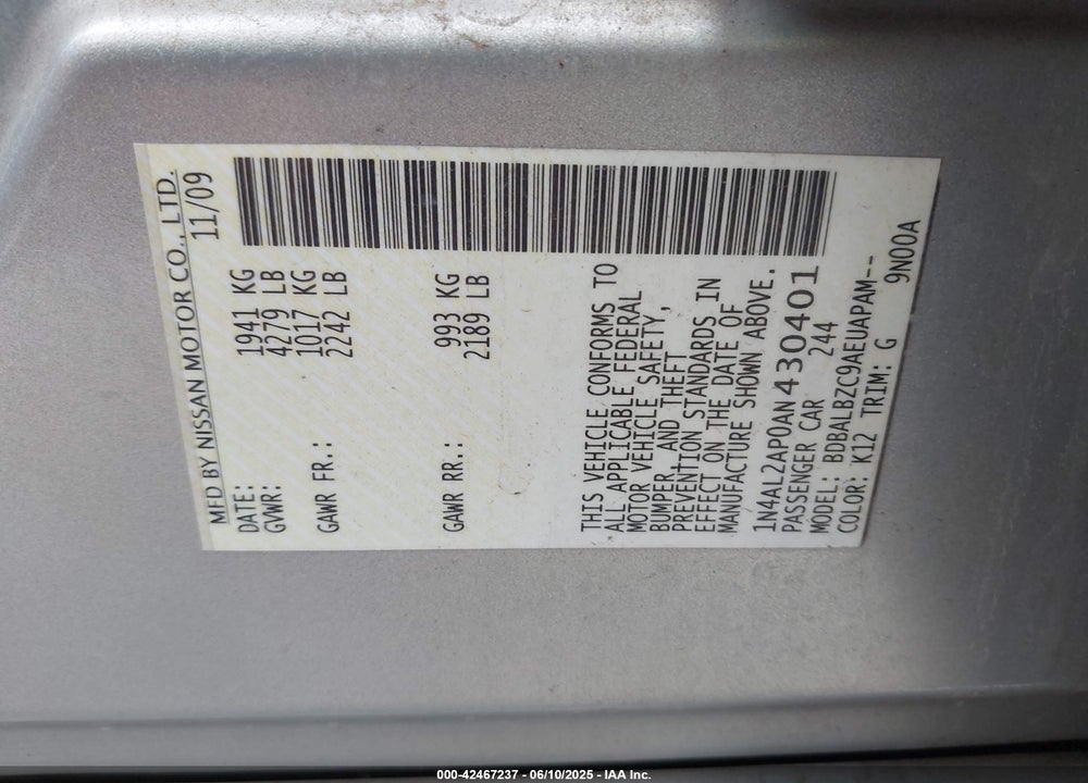 2010 NISSAN ALTIMA VIN: 1N4AL2AP0AN430401