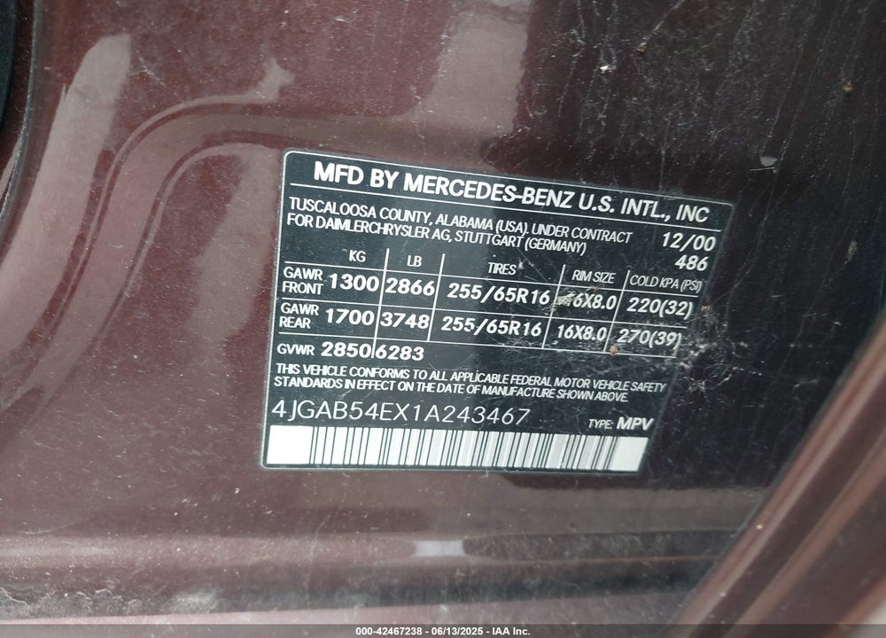 2001 MERCEDES-BENZ ML 320 VIN: 4JGAB54EX1A243467