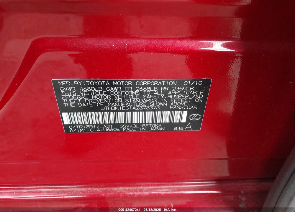 2010 LEXUS ES 350 VIN: JTHBK1EG1A2373373