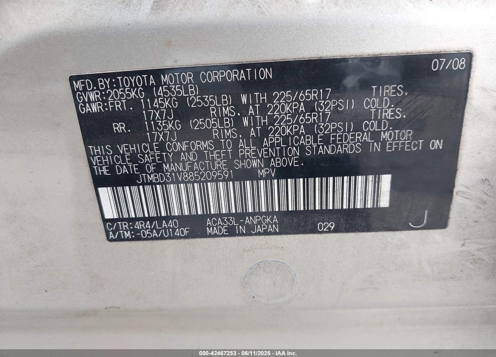 2008 TOYOTA RAV4 VIN: JTMBD31V885209591