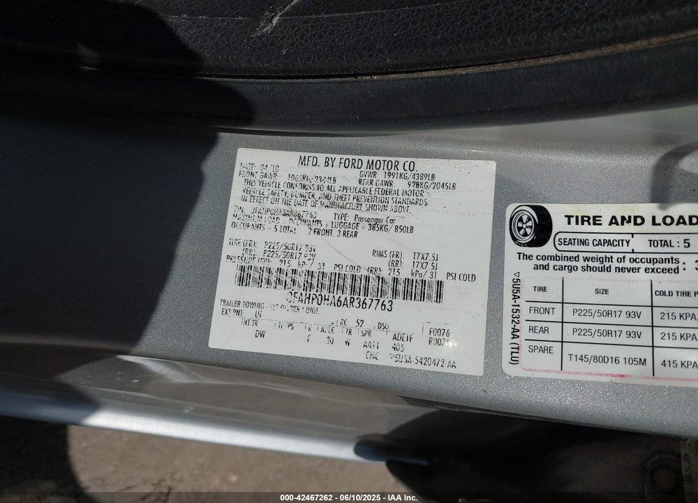 2010 FORD FUSION VIN: 3FAHP0HA6AR367763