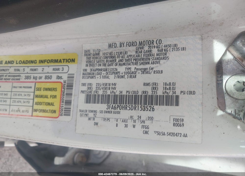 2013 FORD FUSION VIN: 3FA6P0HR5DR153526