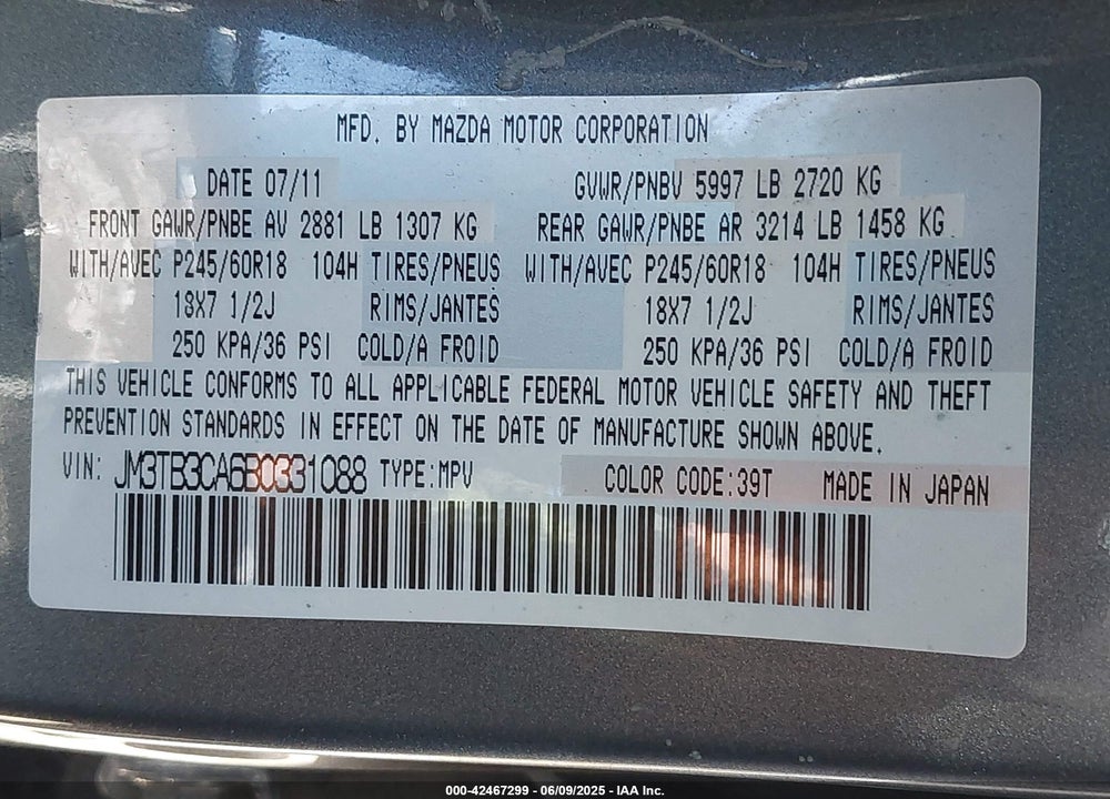2011 MAZDA CX-9 VIN: JM3TB3CA6B0331088