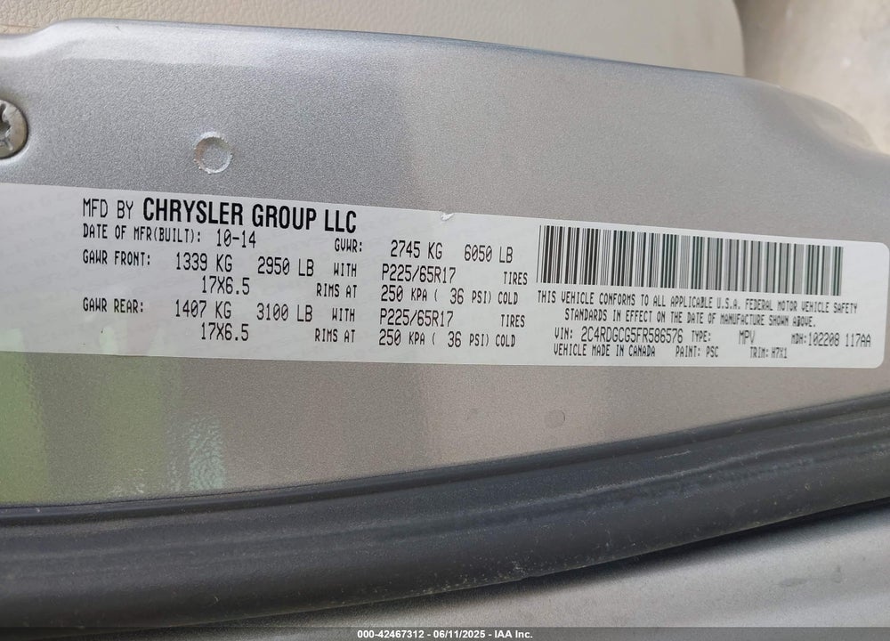 2015 DODGE GRAND CARAVAN SXT VIN: 2C4RDGCG5FR586576