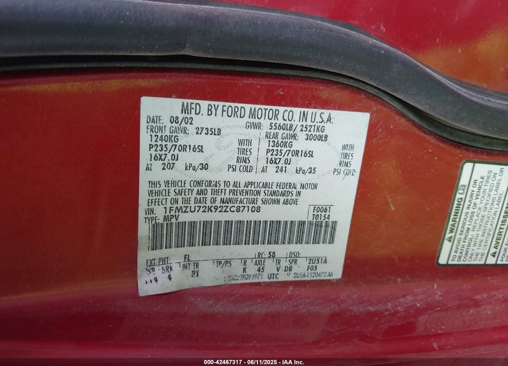 2002 FORD EXPLORER XLS VIN: 1FMZU72K92ZC87108