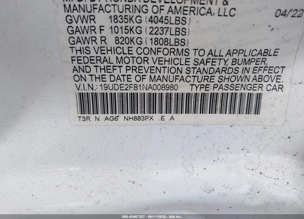 2022 ACURA ILX VIN: 19UDE2F81NA008980