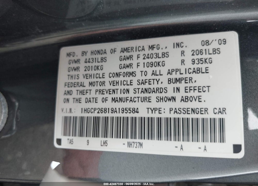 2009 HONDA ACCORD VIN: 1HGCP26819A195584