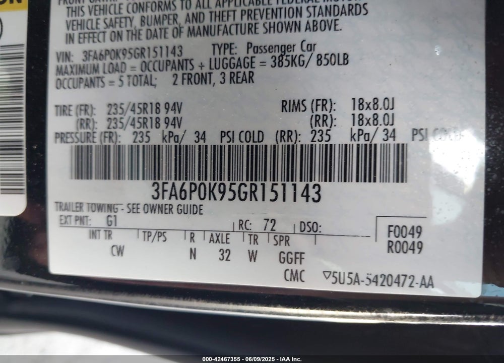 2016 FORD FUSION VIN: 3FA6P0K95GR151143