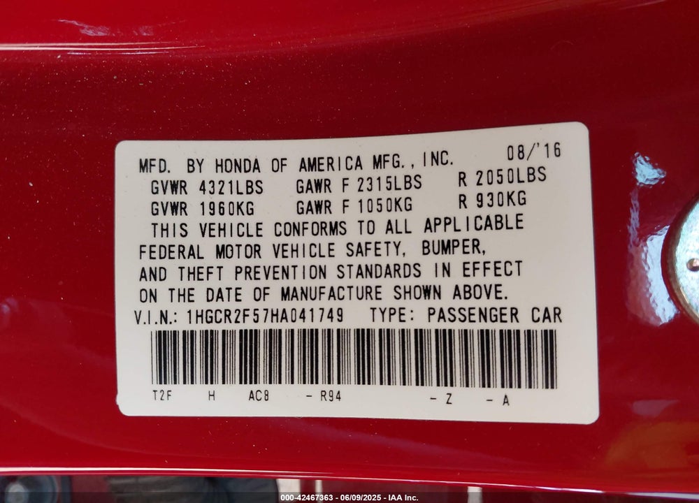 2017 HONDA ACCORD SPORT VIN: 1HGCR2F57HA041749
