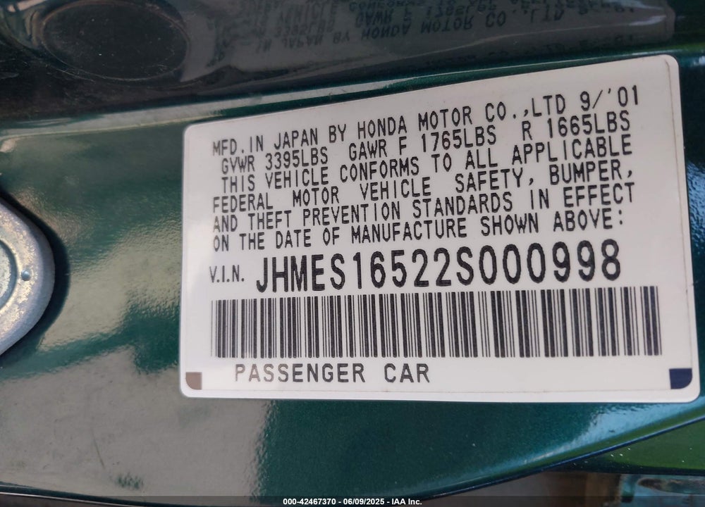 2002 HONDA CIVIC LX VIN: JHMES16522S000998