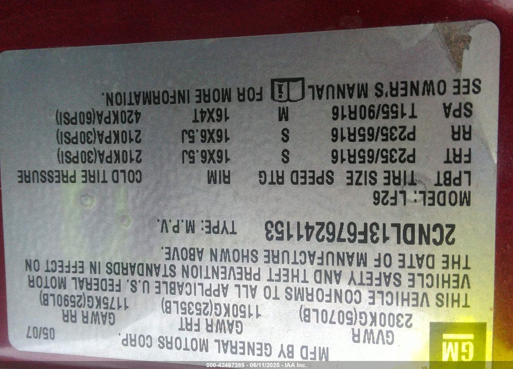 2007 CHEVROLET EQUINOX LS VIN: 2CNDL13F676241153