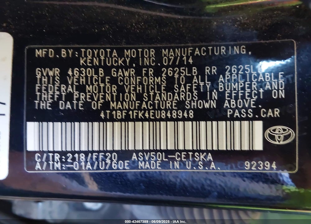 2014 TOYOTA CAMRY VIN: 4T1BF1FK4EU848948