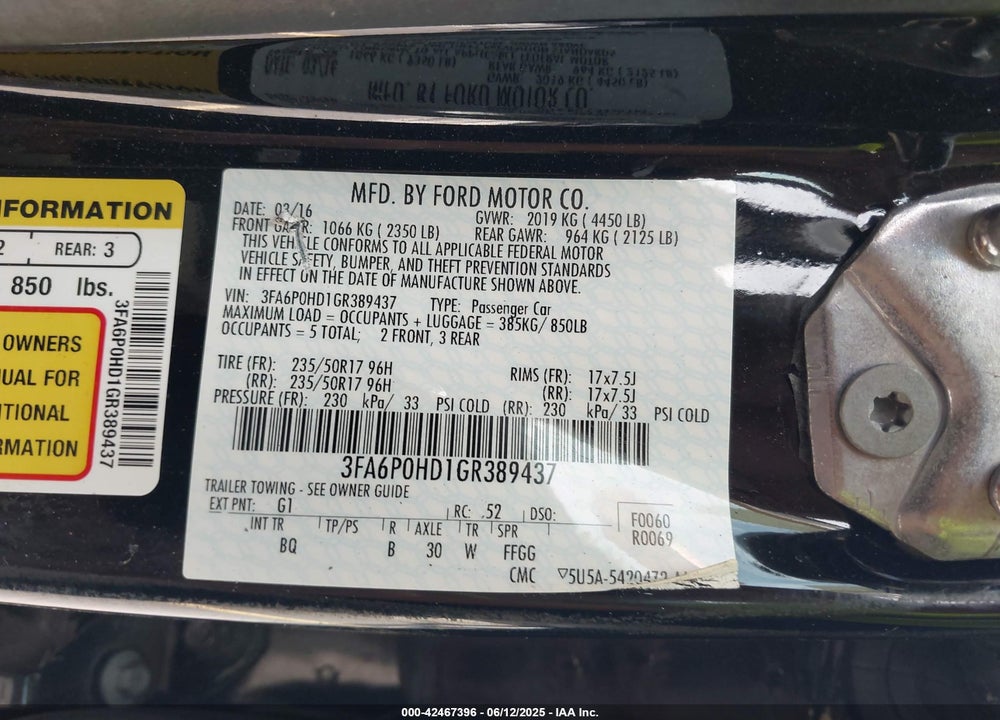 2016 FORD FUSION VIN: 3FA6P0HD1GR389437