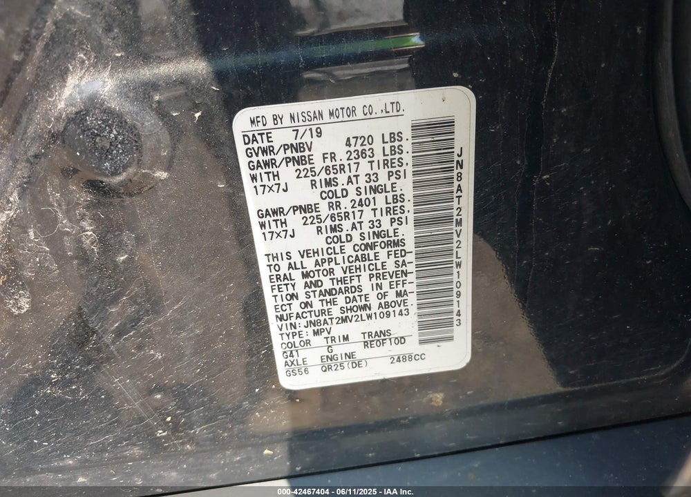 2020 NISSAN ROGUE VIN: JN8AT2MV2LW109143
