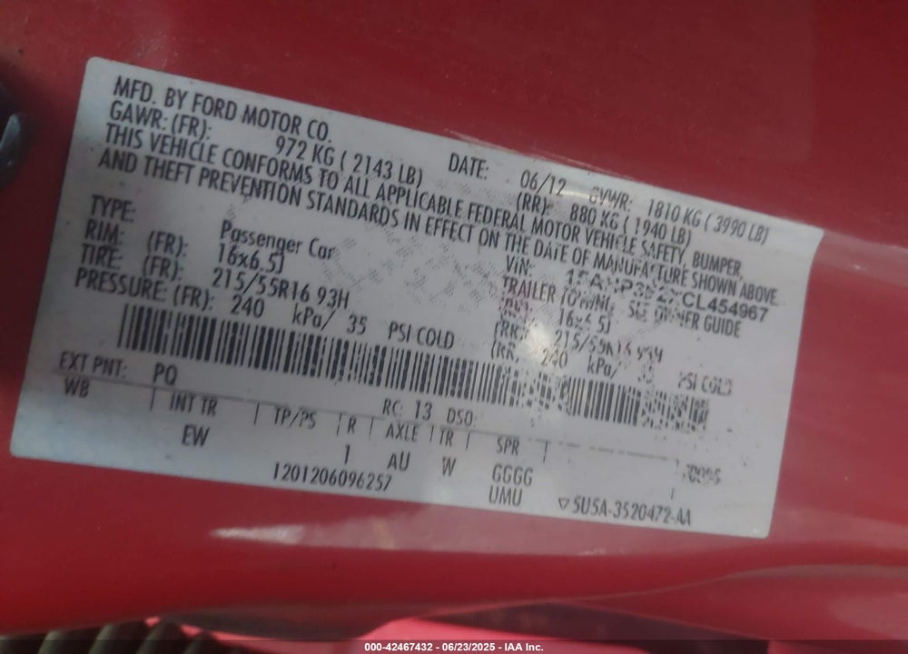 2012 FORD FOCUS VIN: 1FAHP3F2XCL454967