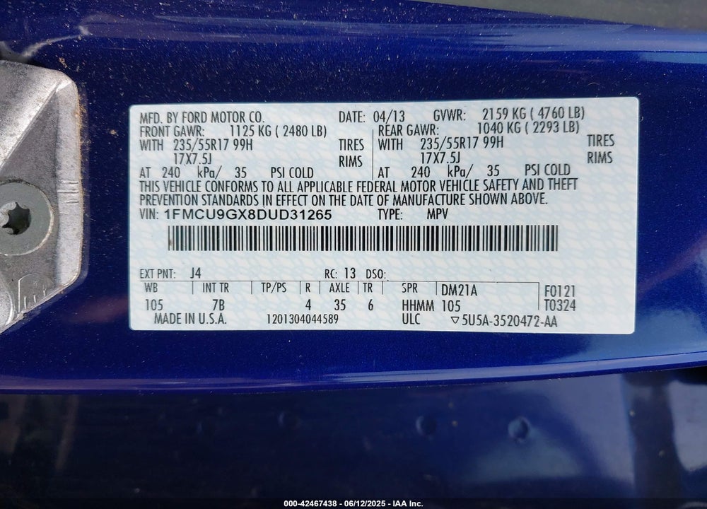 2013 FORD ESCAPE SE VIN: 1FMCU9GX8DUD31265