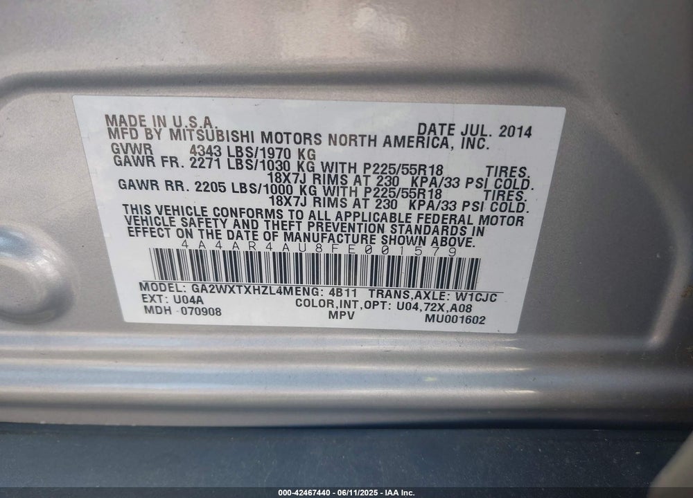 2015 MITSUBISHI OUTLANDER SPORT VIN: 4A4AR4AU8FE001579