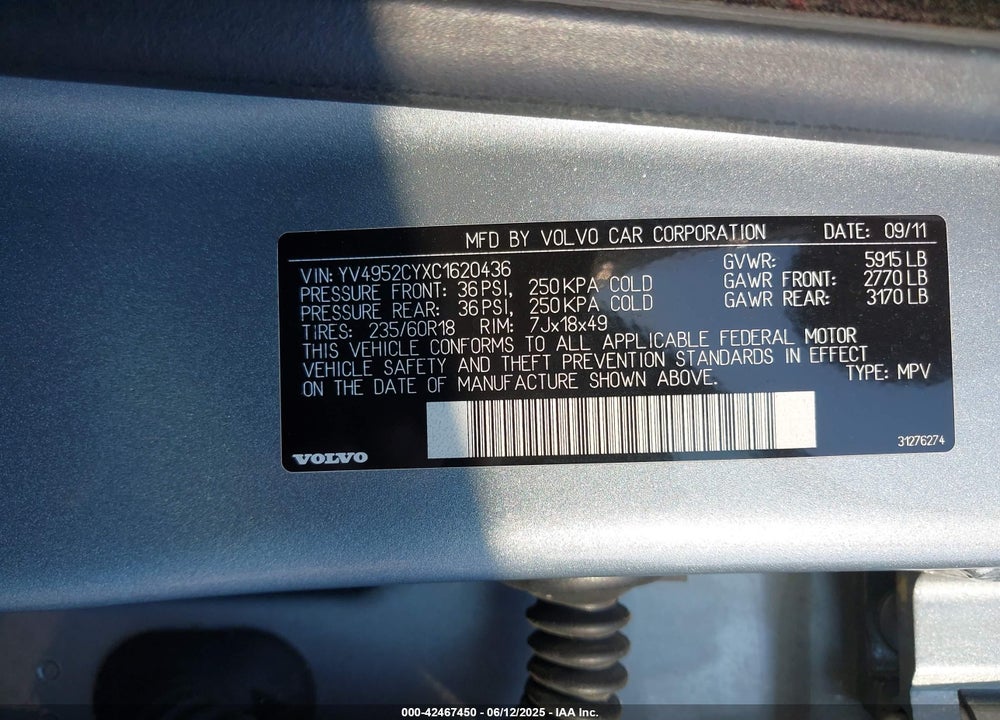 2012 VOLVO XC90 VIN: YV4952CYXC1620436
