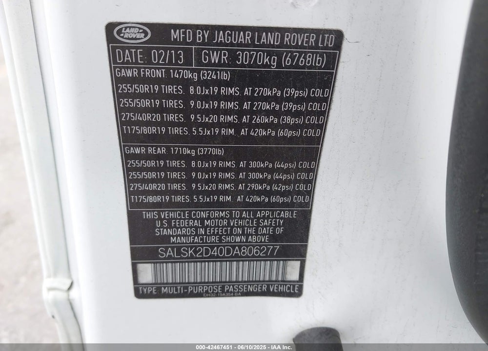 2013 LAND ROVER RANGE ROVER SPORT HSE VIN: SALSK2D40DA806277