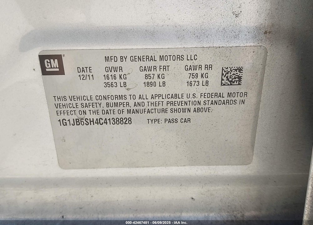 2012 CHEVROLET SONIC 1LS VIN: 1G1JB6SH4C4138828