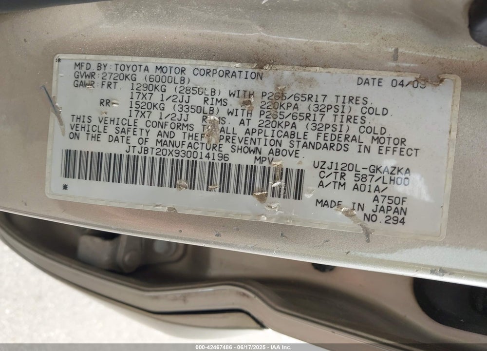 2003 LEXUS GX 470 VIN: JTJBT20X930014196