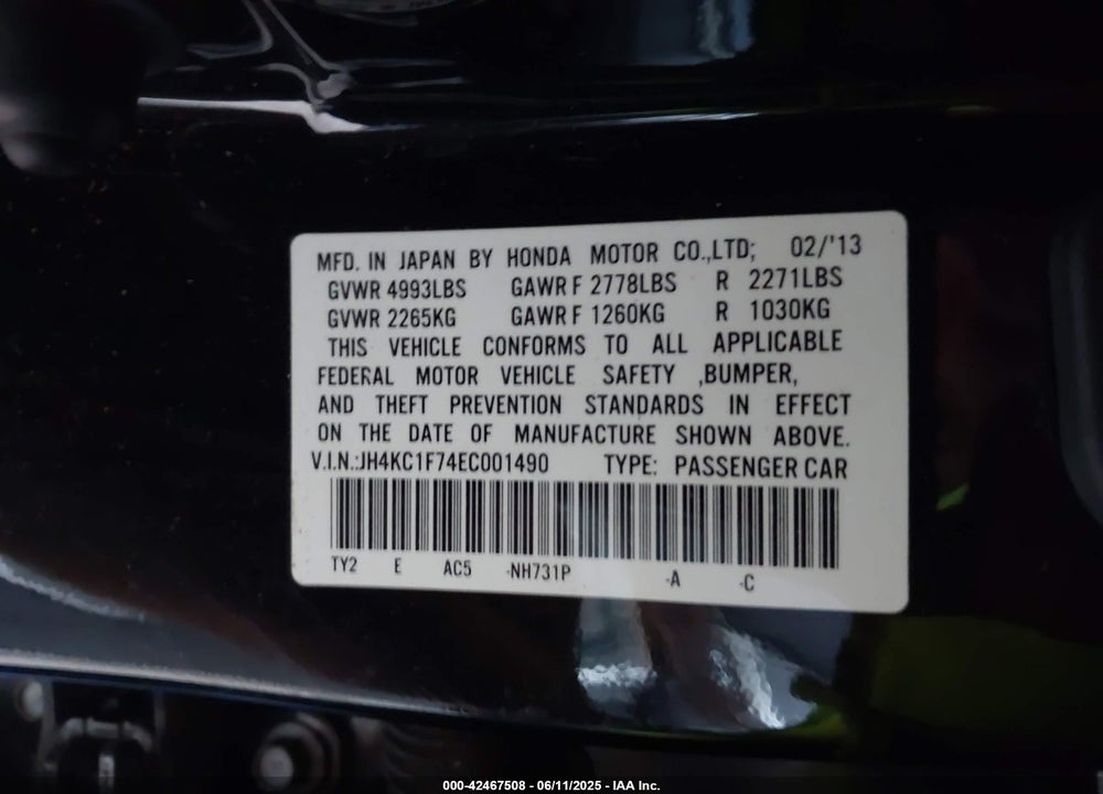 2014 ACURA RLX VIN: JH4KC1F74EC001490