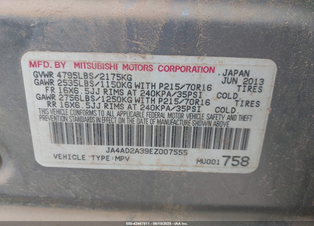 2014 MITSUBISHI OUTLANDER VIN: JA4AD2A39EZ007555