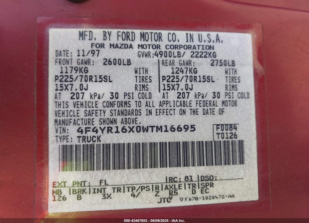1998 MAZDA B4000 VIN: 4F4YR16X0WTM16695