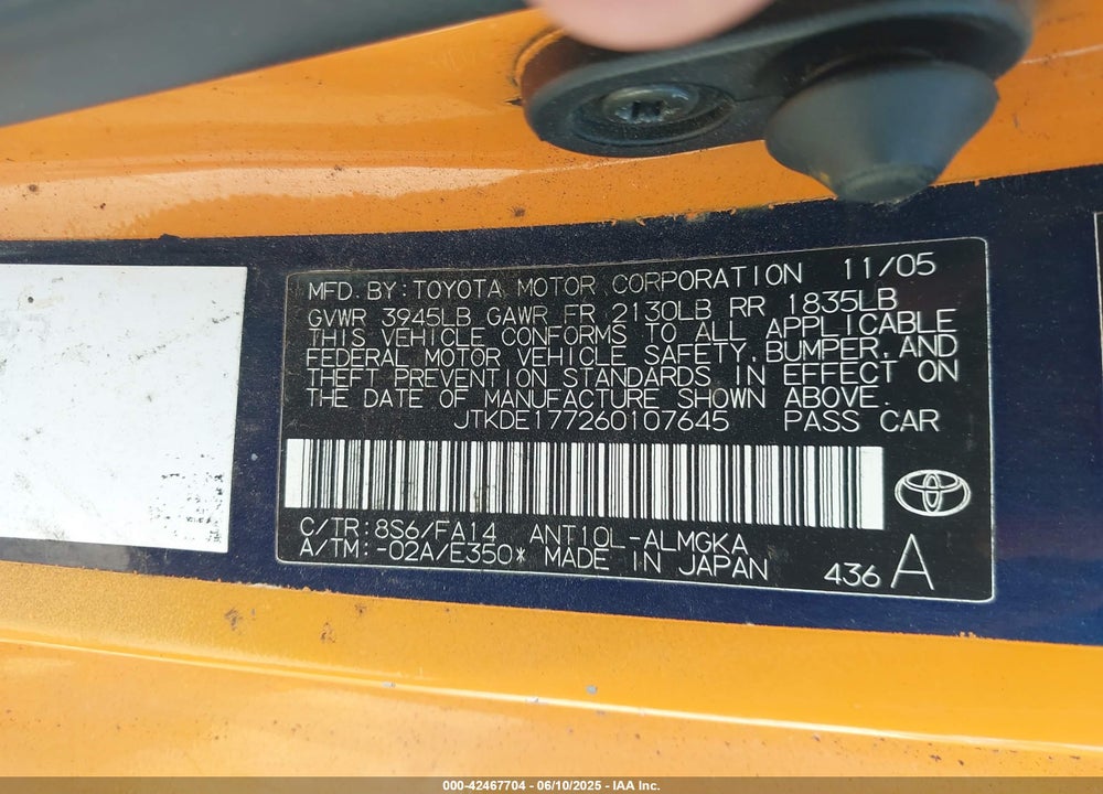 2006 TOYOTA SCION TC VIN: JTKDE177260107645