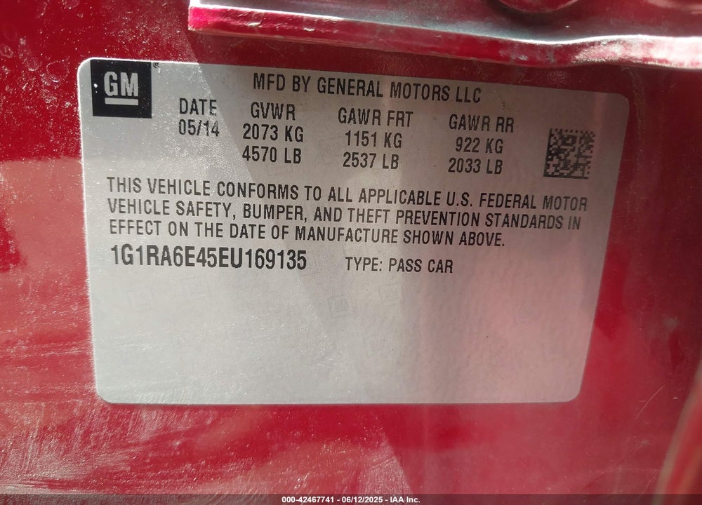2014 CHEVROLET VOLT VIN: 1G1RA6E45EU169135