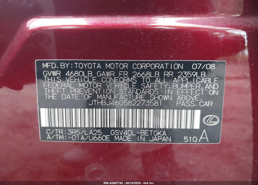2008 LEXUS ES 350 VIN: JTHBJ46G582273581