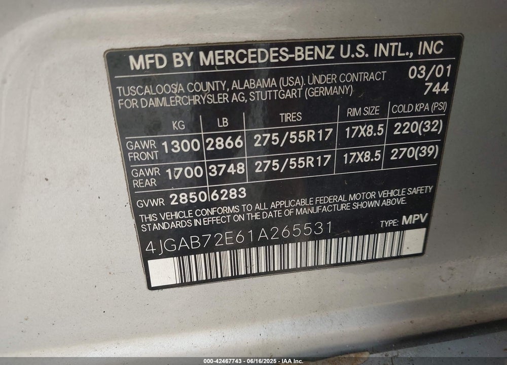 2001 MERCEDES-BENZ ML 430 VIN: 4JGAB72E61A265531