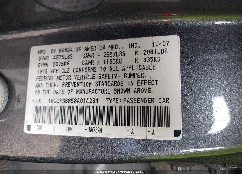 2008 HONDA ACCORD VIN: 1HGCP36858A014264