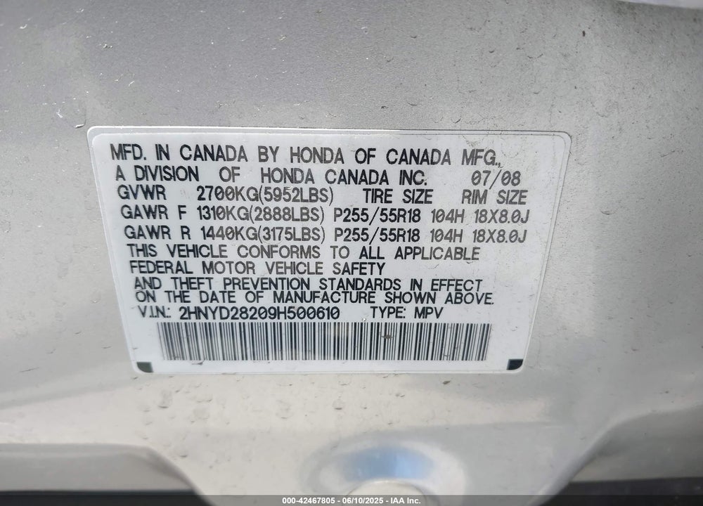 2009 ACURA MDX VIN: 2HNYD28209H500610