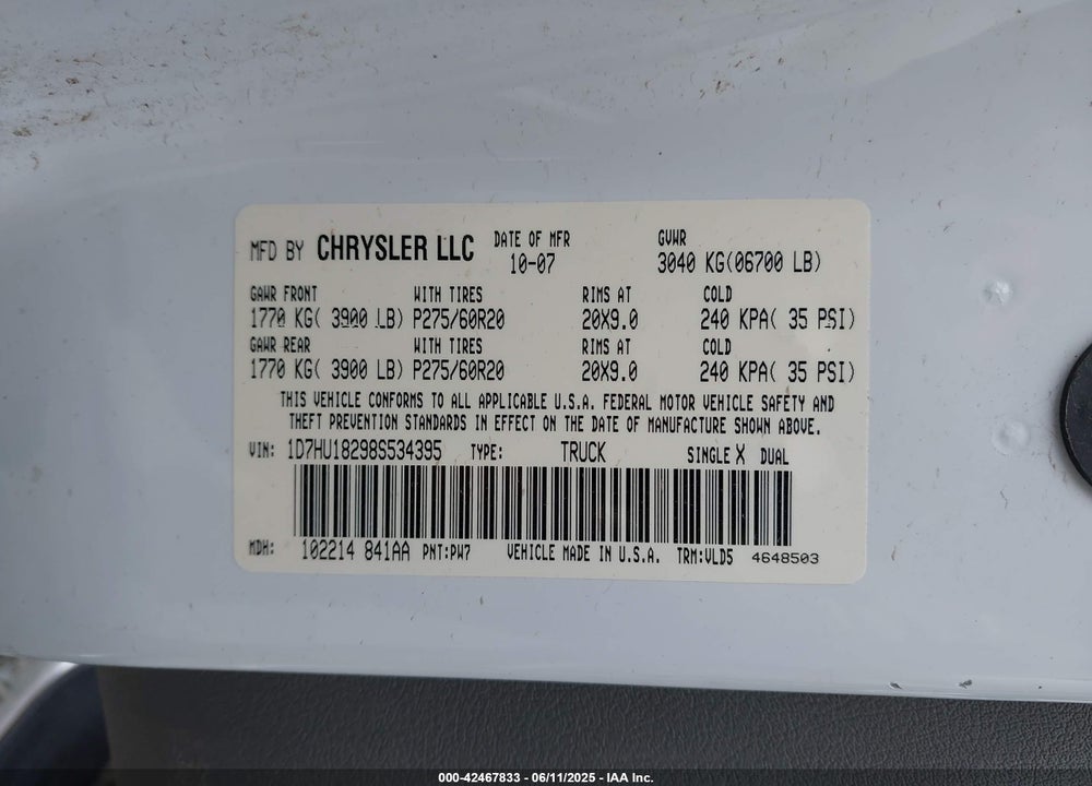2008 DODGE RAM 1500 LARAMIE VIN: 1D7HU18298S534395