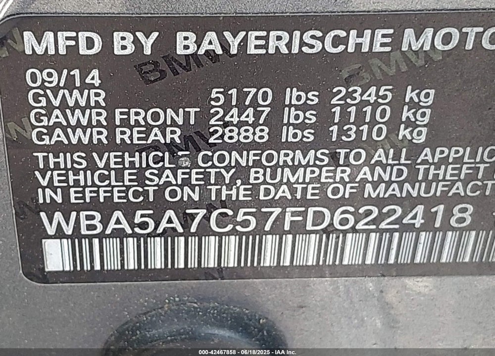 2015 BMW 528I XDRIVE VIN: WBA5A7C57FD622418