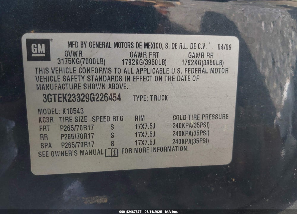 2009 GMC SIERRA 1500 VIN: 3GTEK23329G226454