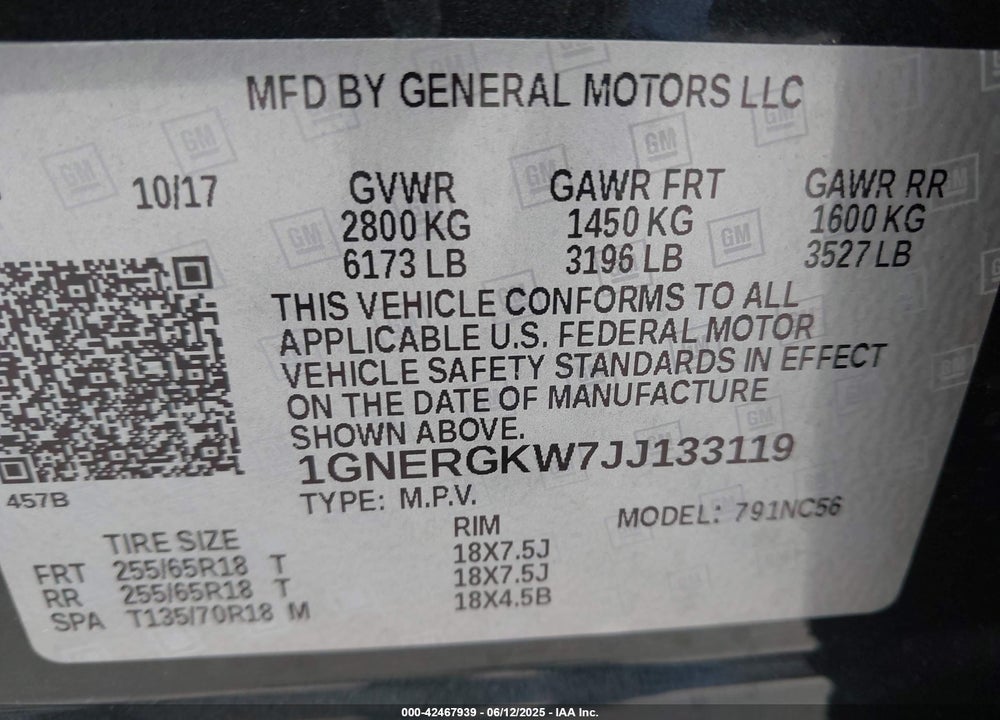 2018 CHEVROLET TRAVERSE VIN: 1GNERGKW7JJ133119