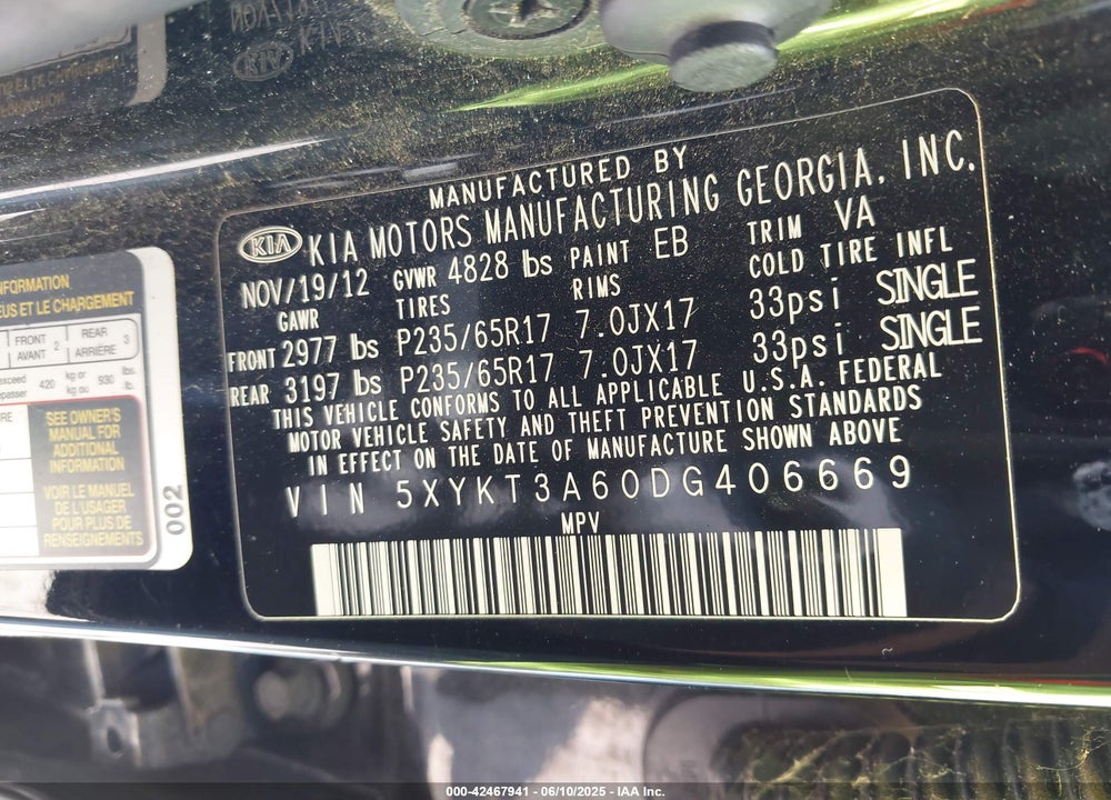 2013 KIA SORENTO VIN: 5XYKT3A60DG406669