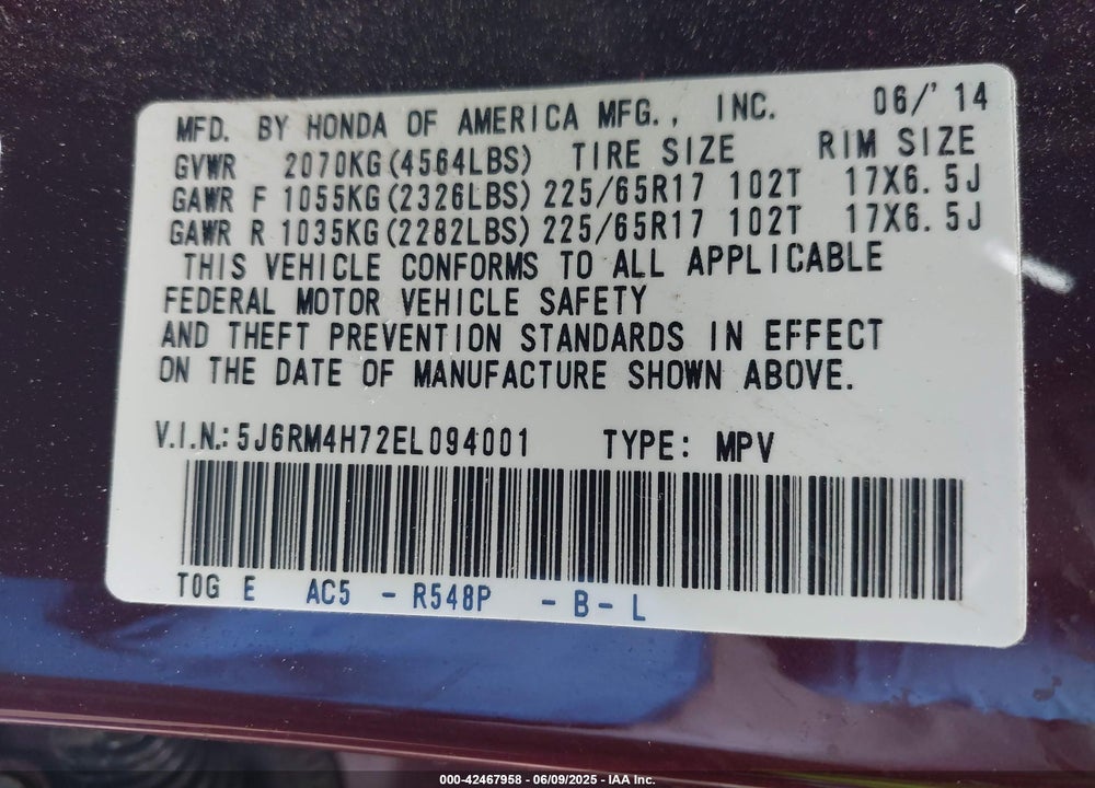 2014 HONDA CR-V VIN: 5J6RM4H72EL094001