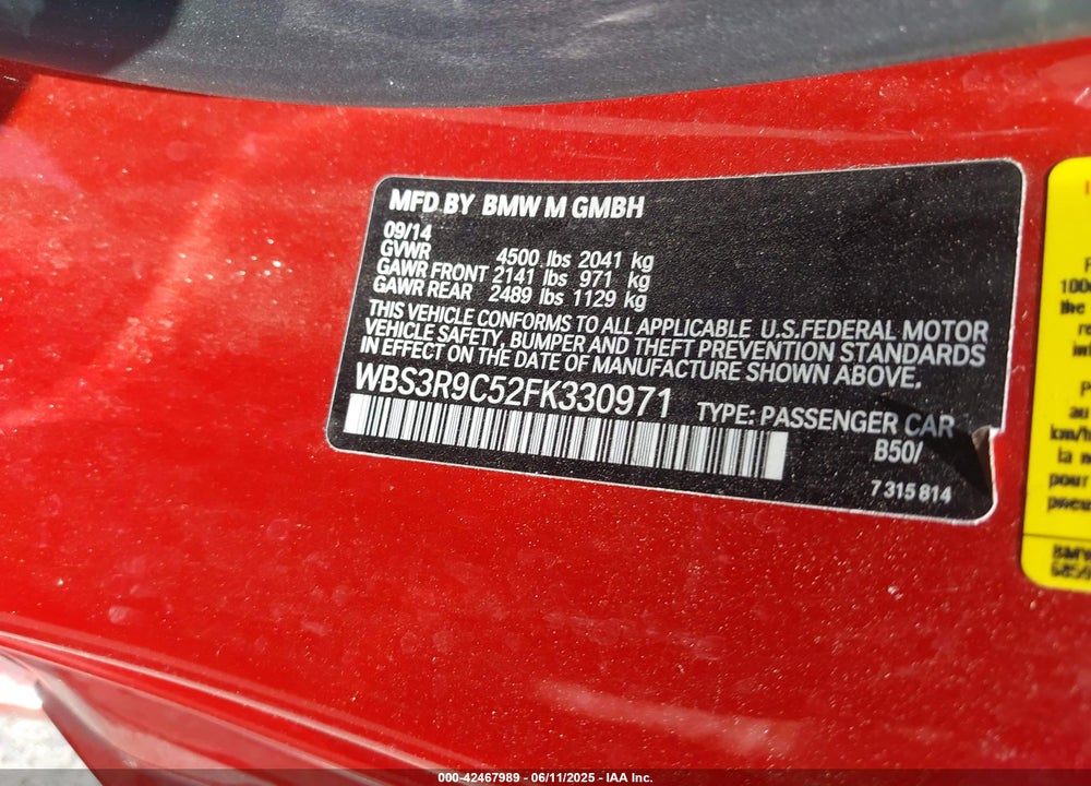 2015 BMW M4 VIN: WBS3R9C52FK330971