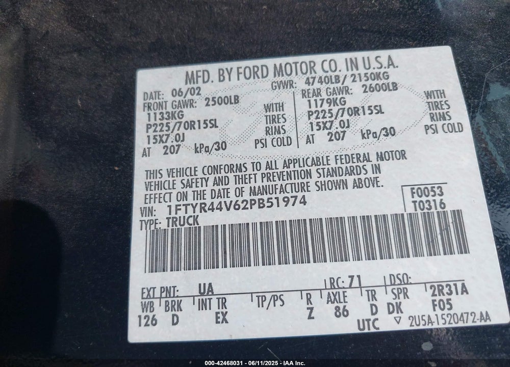 2002 FORD RANGER EDGE/TREMOR/XLT VIN: 1FTYR44V62PB51974