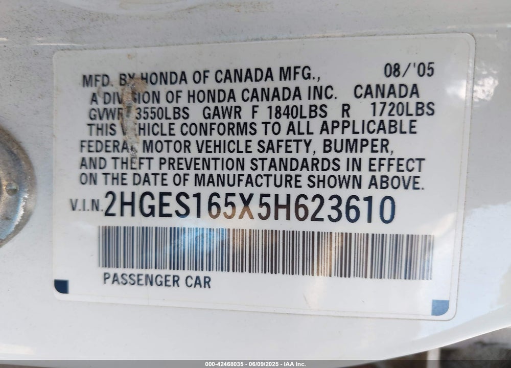 2005 HONDA CIVIC LX VIN: 2HGES165X5H623610