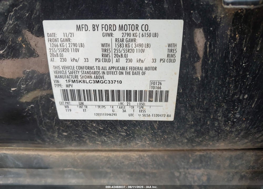 2021 FORD EXPLORER KING RANCH VIN: 1FM5K8LC3MGC33710