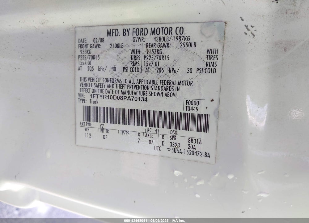 2008 FORD RANGER VIN: 1FTYR10D08PA70134