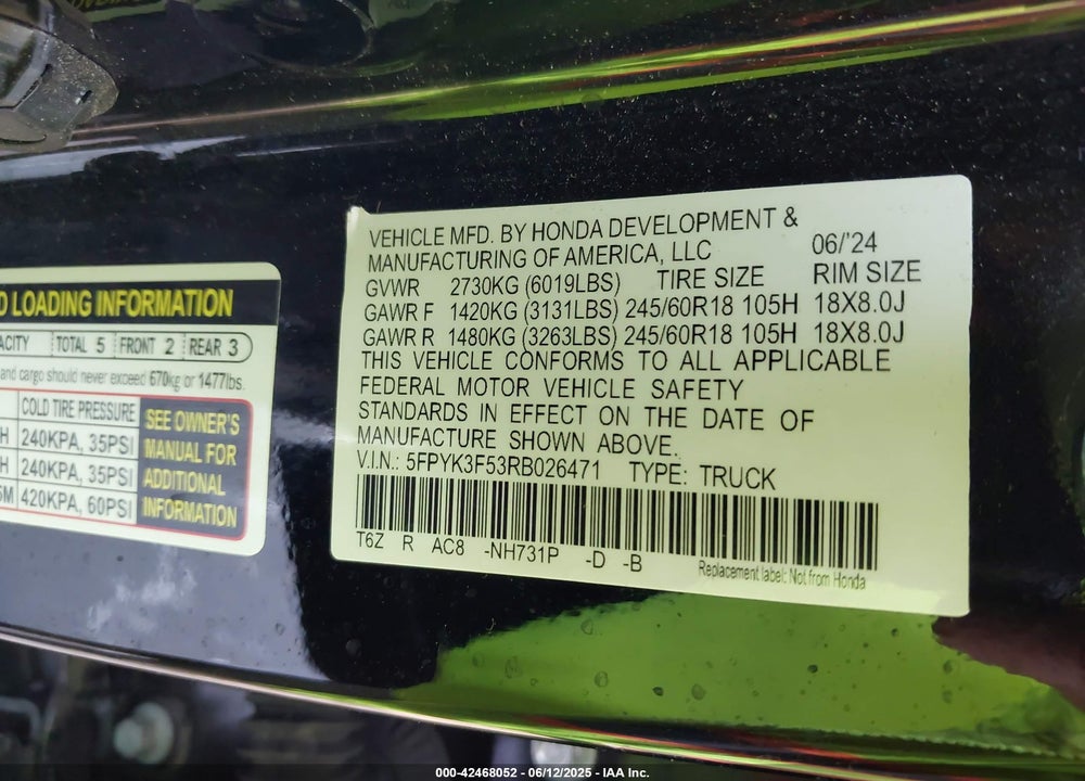 2024 HONDA RIDGELINE VIN: 5FPYK3F53RB026471