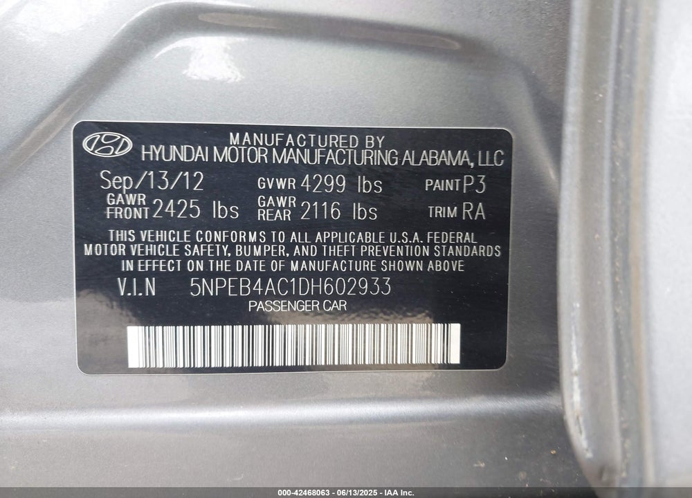 2013 HYUNDAI SONATA VIN: 5NPEB4AC1DH602933