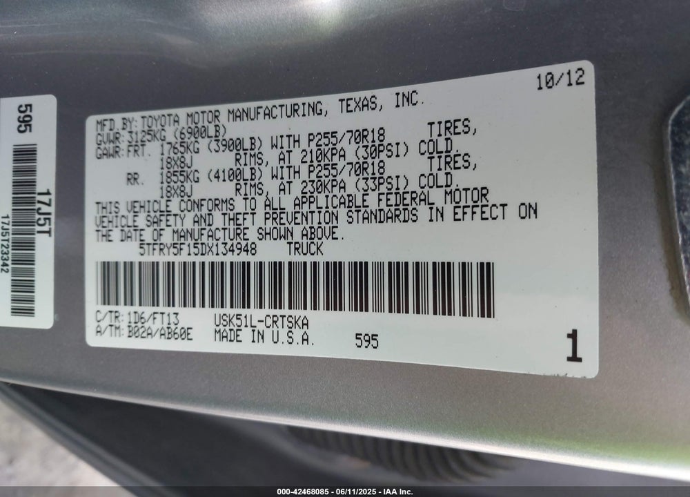 2013 TOYOTA TUNDRA VIN: 5TFRY5F15DX134948