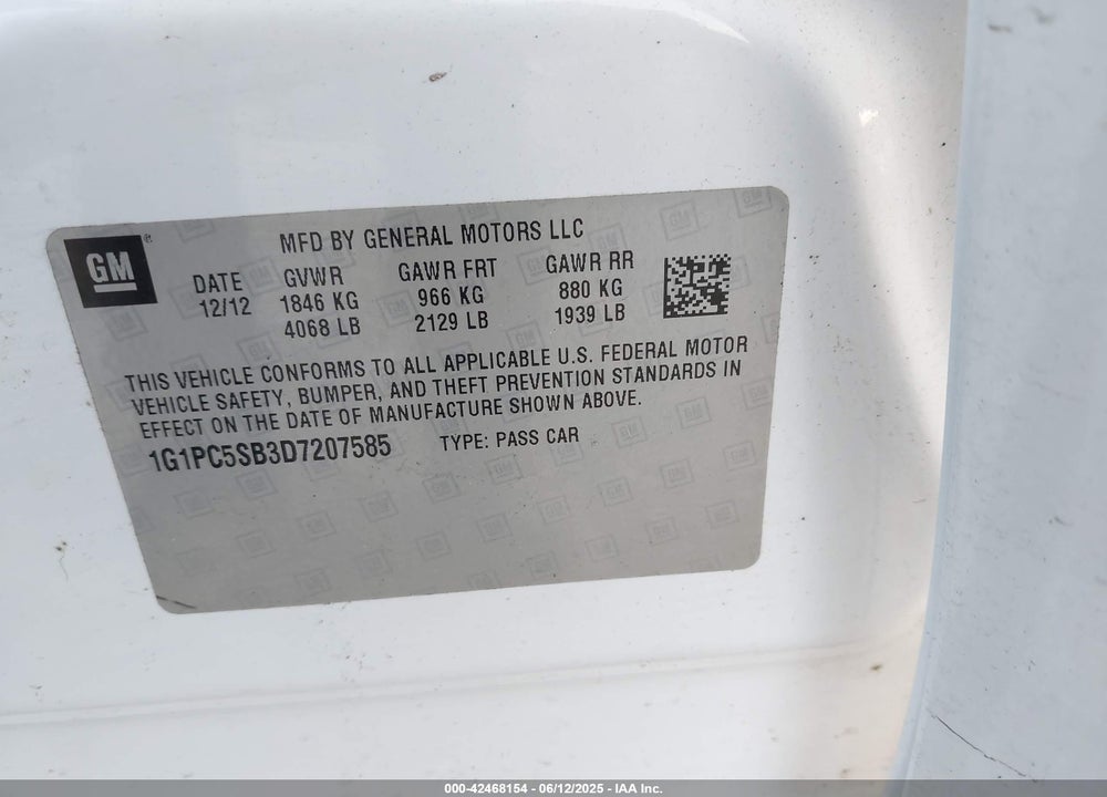 2013 CHEVROLET CRUZE VIN: 1G1PC5SB3D7207585
