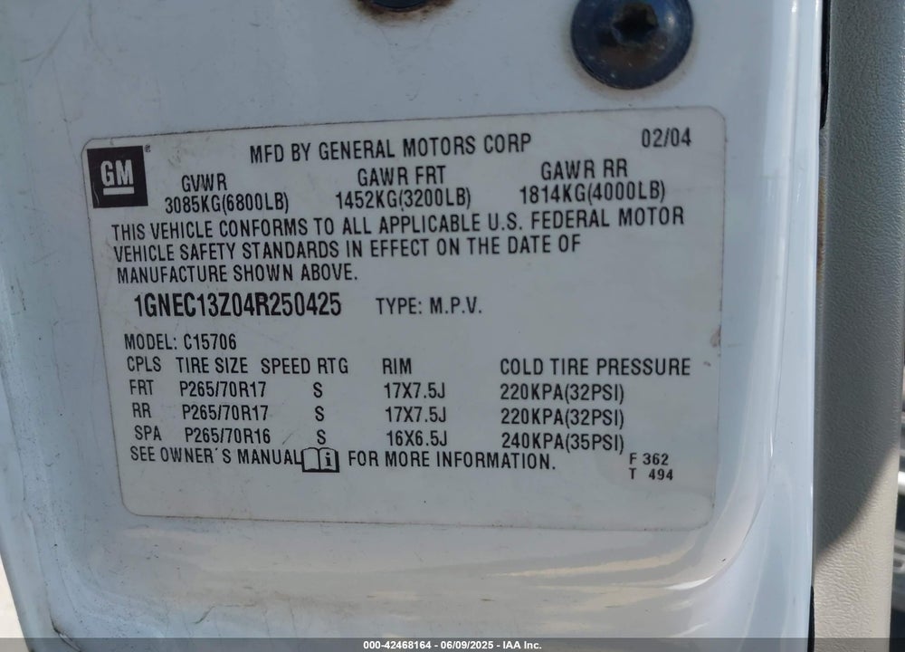 2004 CHEVROLET TAHOE LT VIN: 1GNEC13Z04R250425